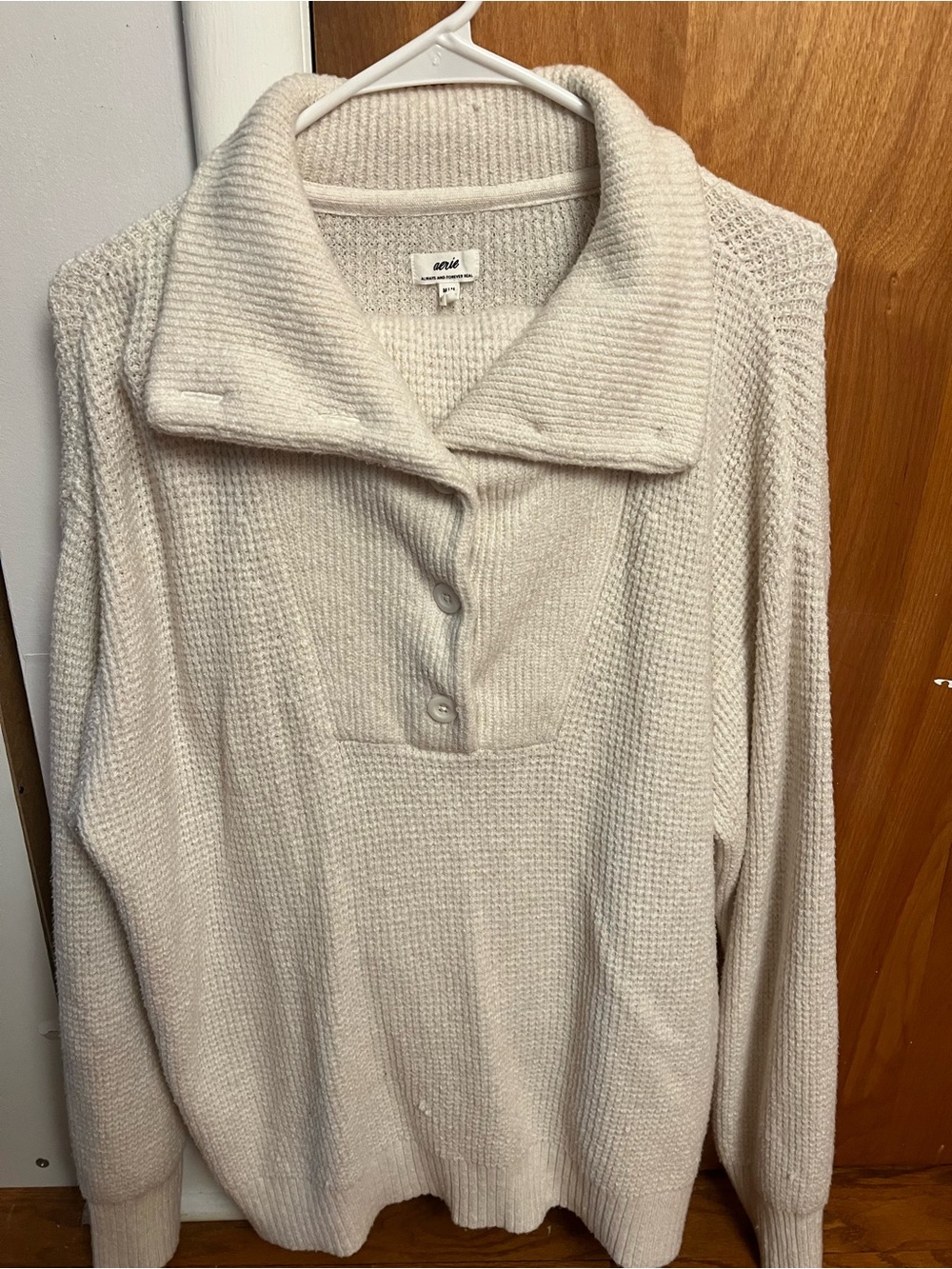 aerie Cream Waffle-Knit Collared Pullover Sweater